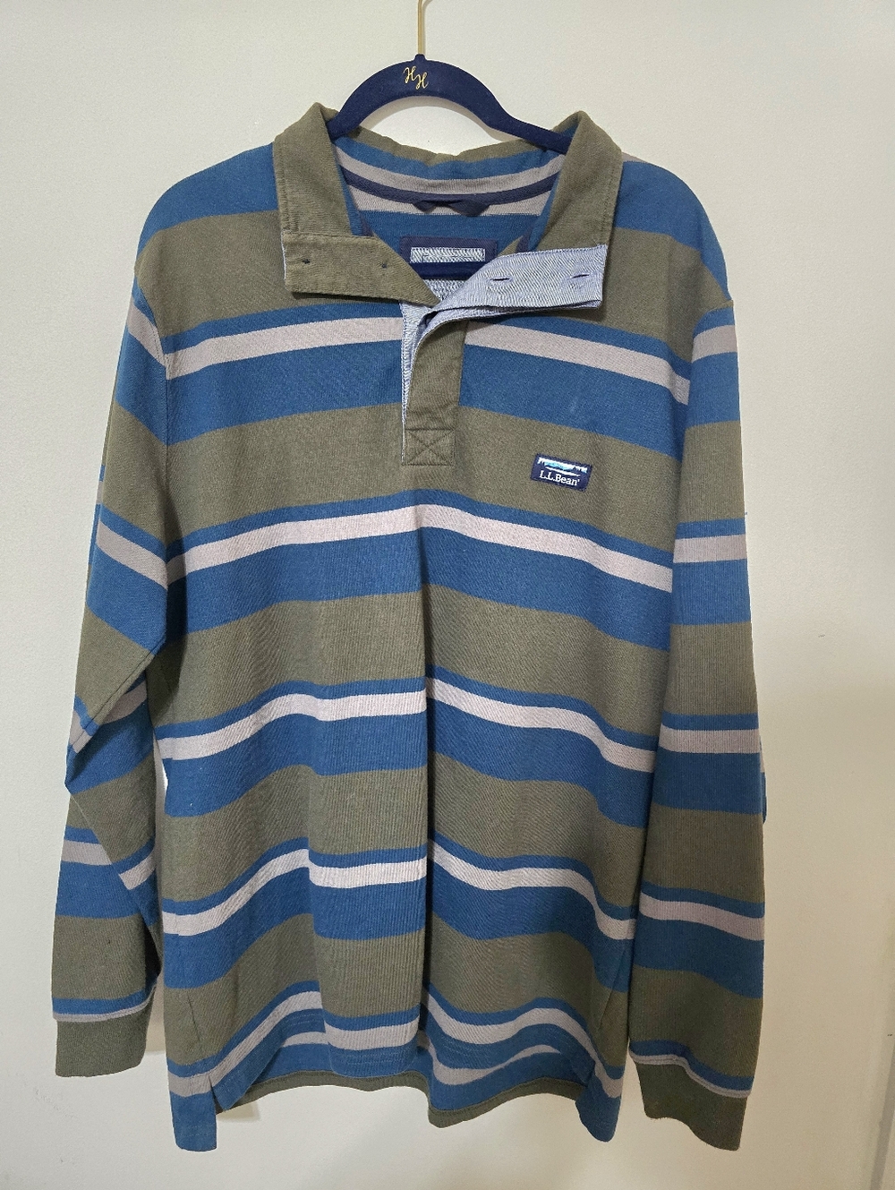 L.L. Bean Mens Heavy Rugby Polo Shirt Striped Long Sleeve  LT Blue Green Henley.